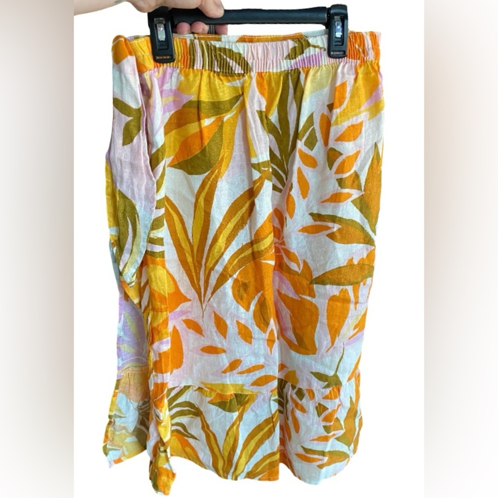 C&C California 100% linen orange tropical leaf print midi wrap skirt size medium